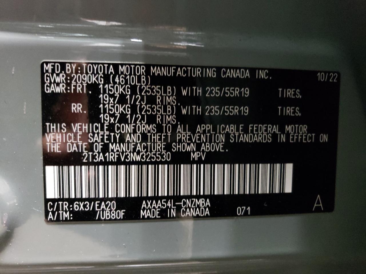 2022 TOYOTA RAV4 XLE PREMIUM VIN:2T3A1RFV3NW325530