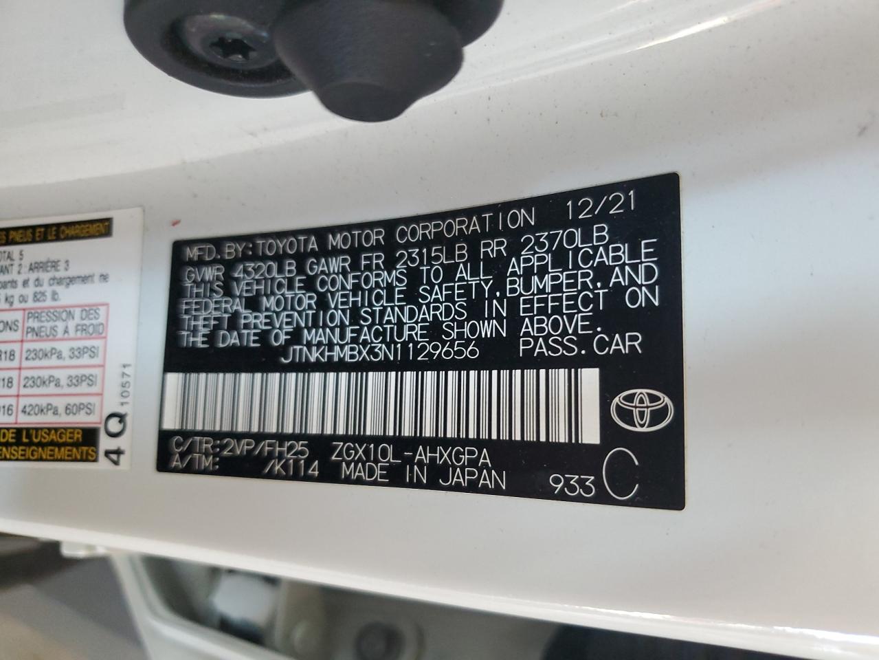 2022 TOYOTA C-HR XLE VIN:JTNKHMBX3N1129656