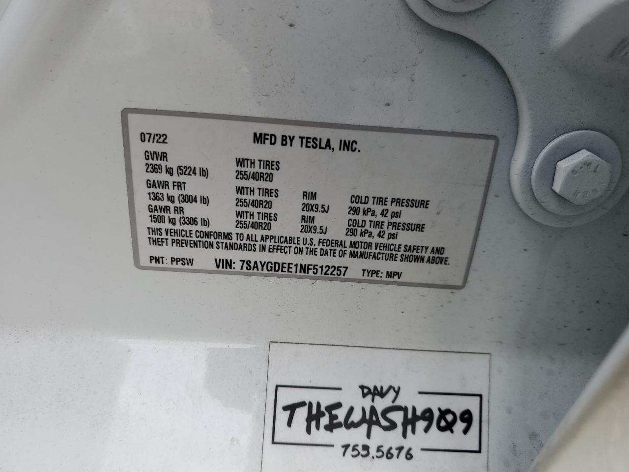 2022 TESLA MODEL Y VIN:7SAYGDEE1NF512257