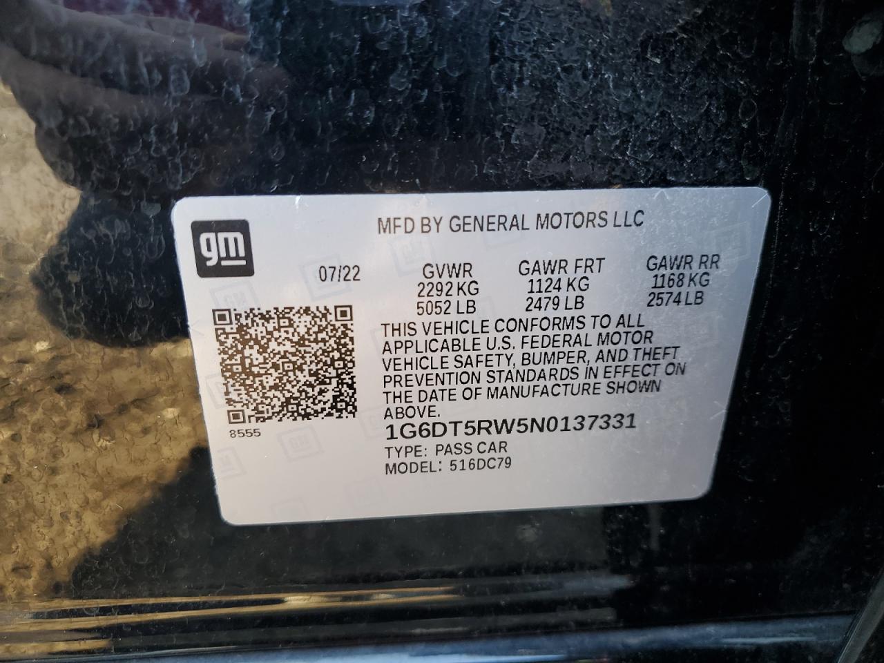 2022 CADILLAC CT5 PREMIUM LUXURY VIN:1G6DT5RW5N0137331