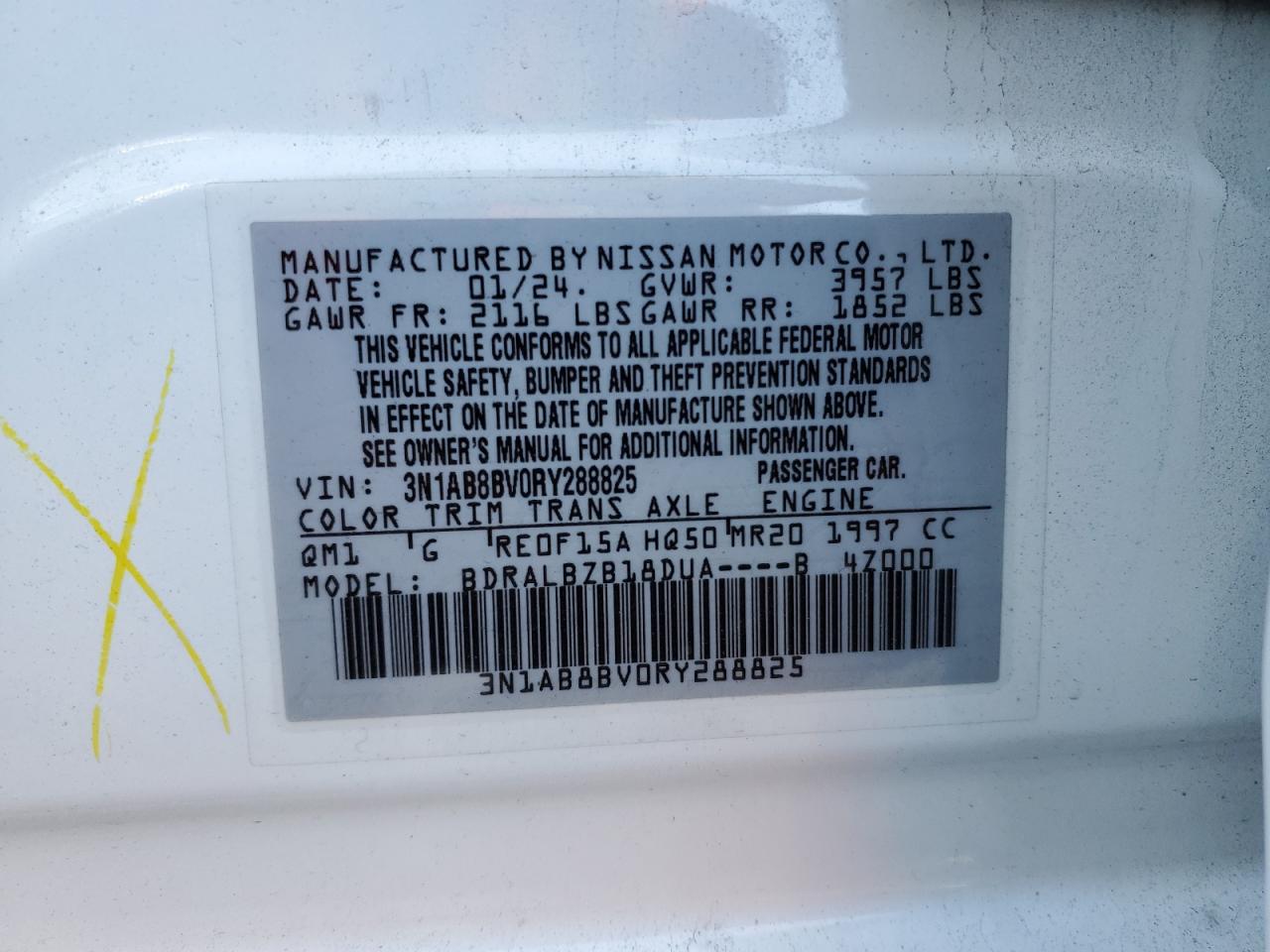2024 NISSAN SENTRA S VIN:3N1AB8BV0RY288825