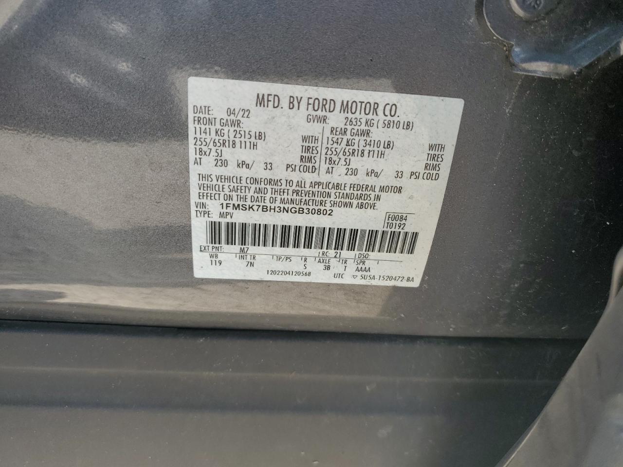 2022 FORD EXPLORER VIN:1FMSK7BH3NGB30802