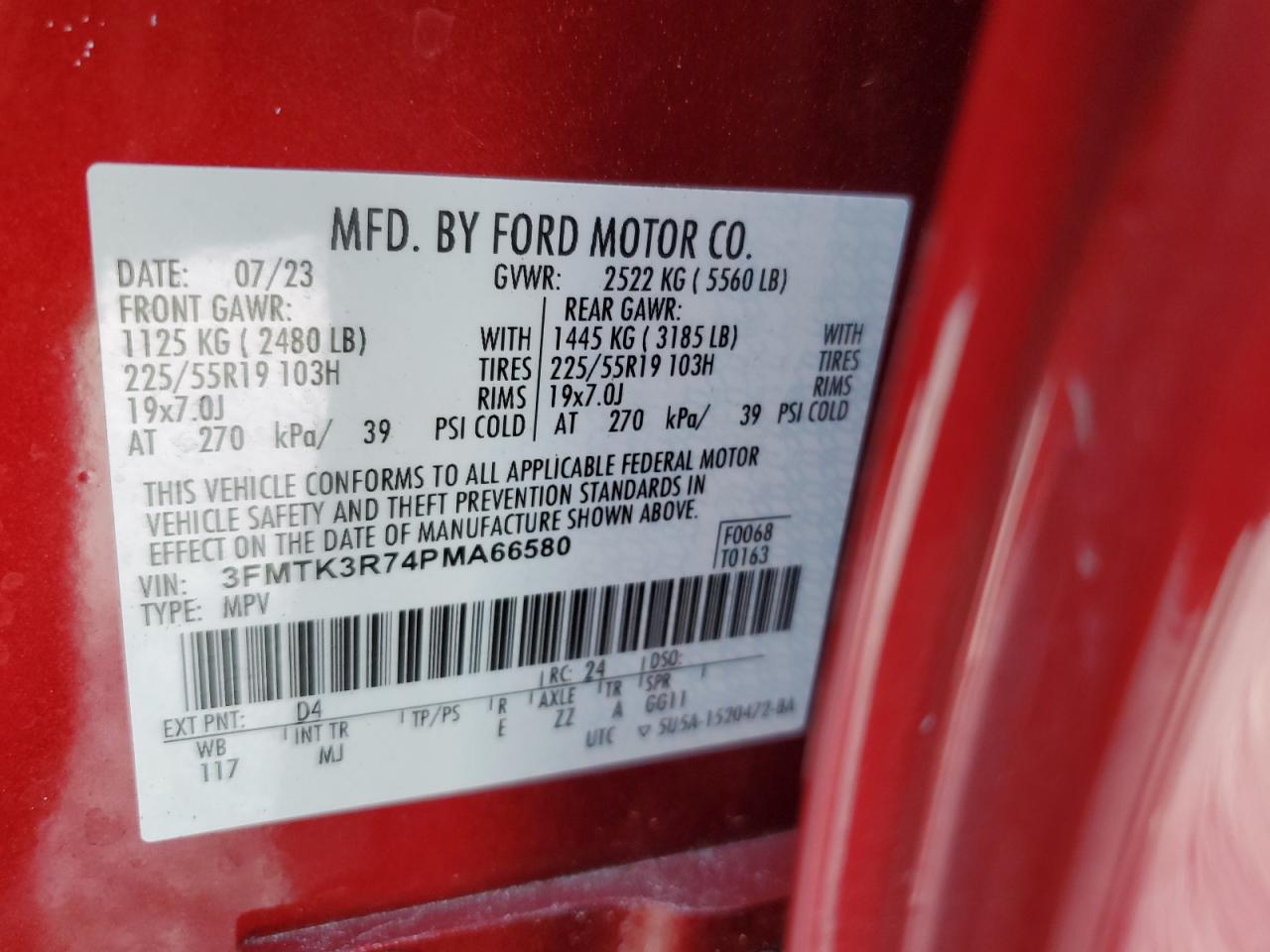 2023 FORD MUSTANG MACH-E PREMIUM VIN:3FMTK3R74PMA66580