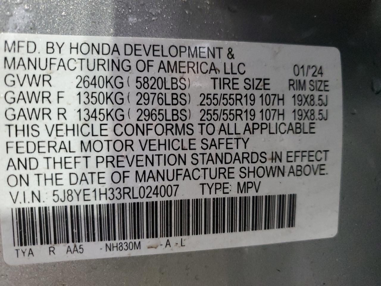 2024 ACURA MDX VIN:5J8YE1H33RL024007