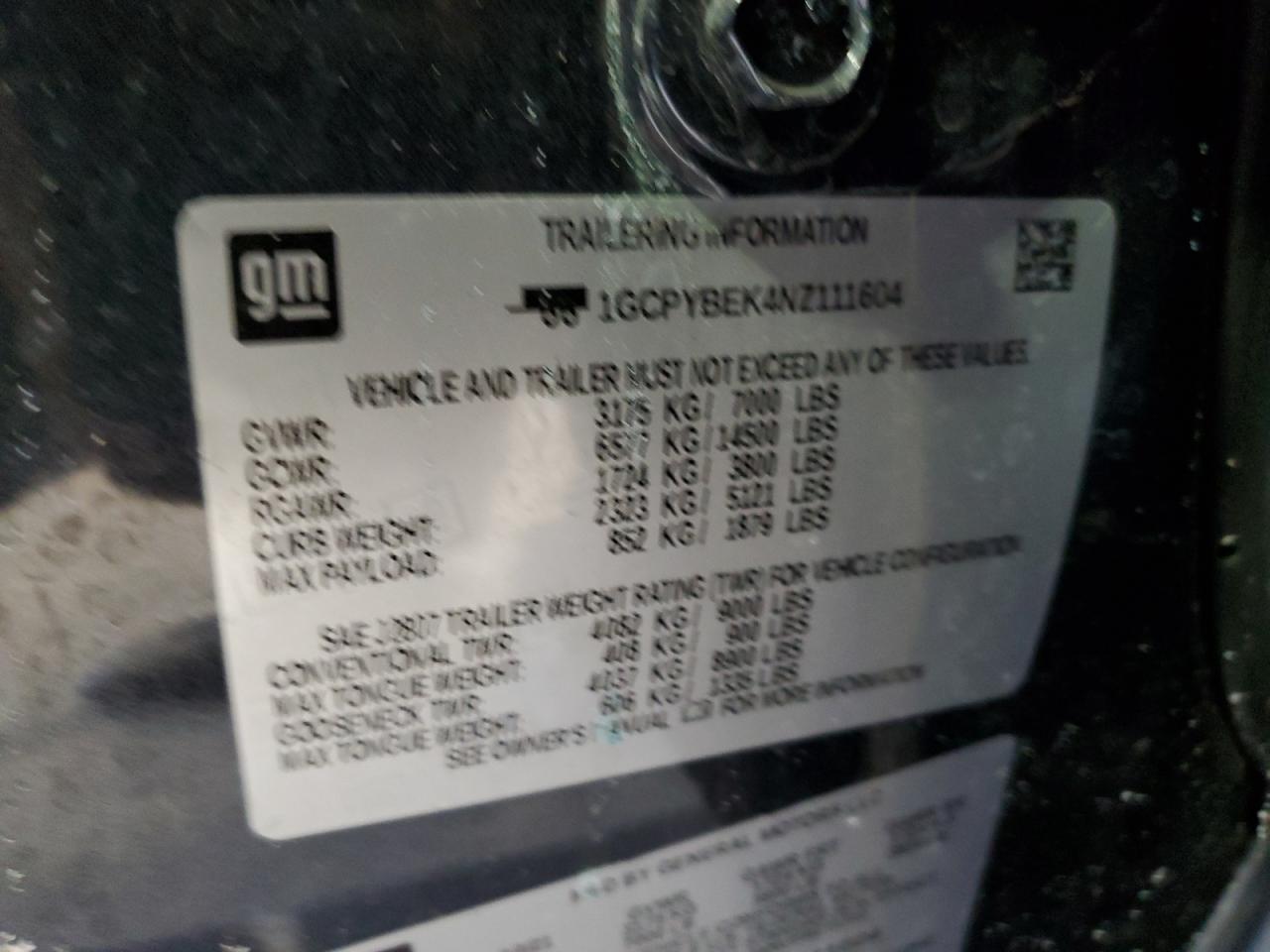 2022 CHEVROLET SILVERADO LTD K1500 CUSTOM VIN:1GCPYBEK4NZ111604