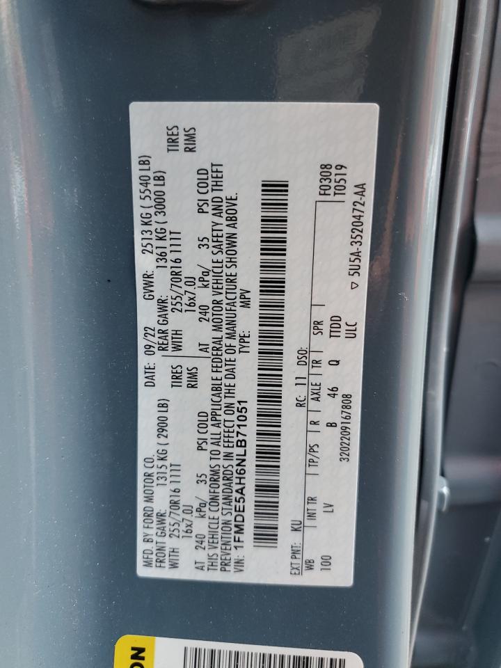 2022 FORD BRONCO BASE VIN:1FMDE5AH6NLB71051