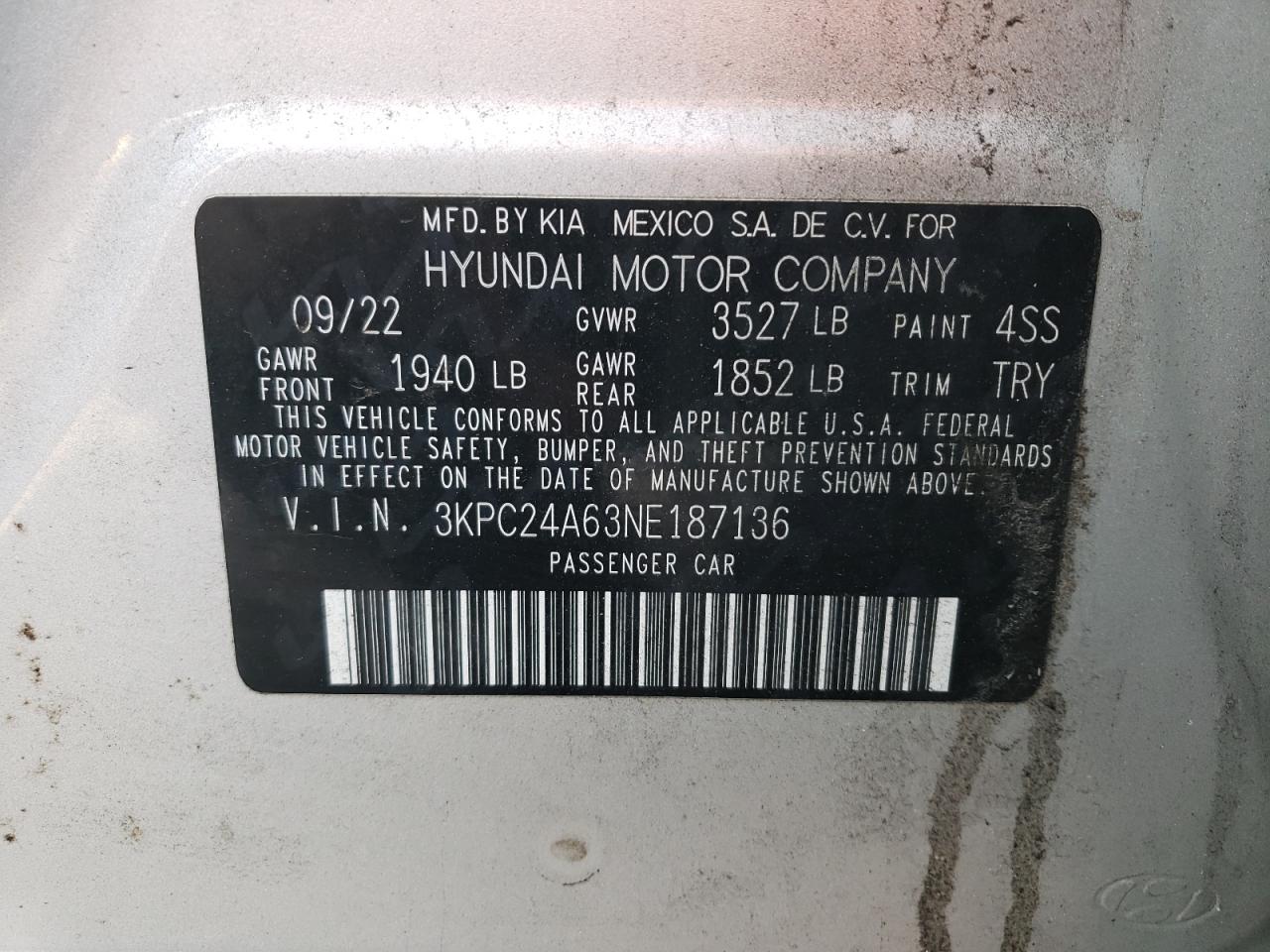 2022 HYUNDAI ACCENT SE VIN:3KPC24A63NE187136