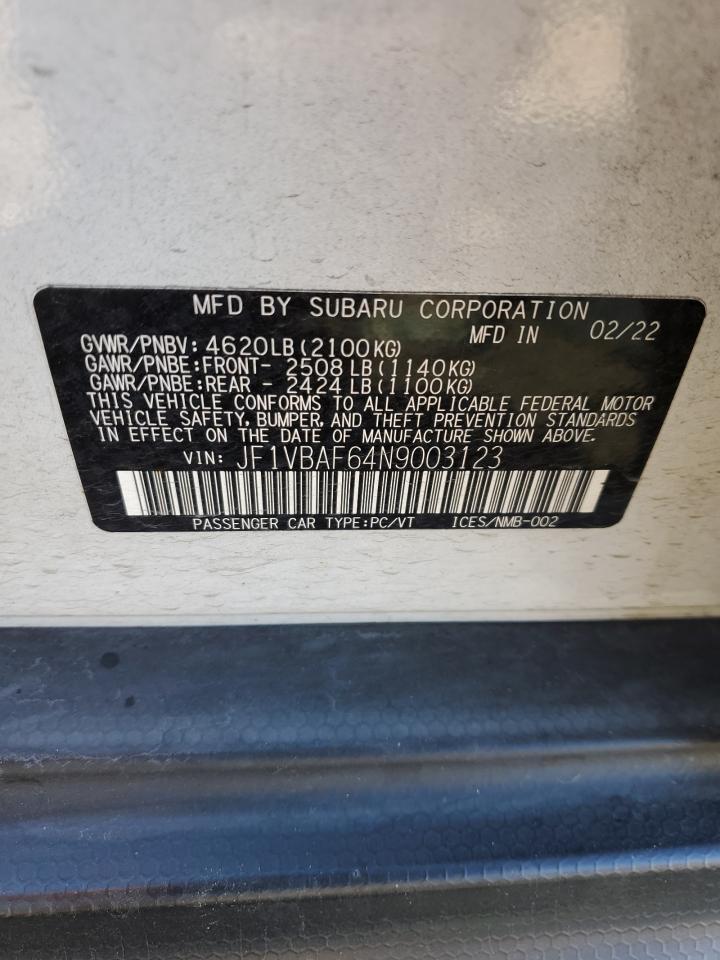 2022 SUBARU WRX PREMIUM VIN:JF1VBAF64N9003123