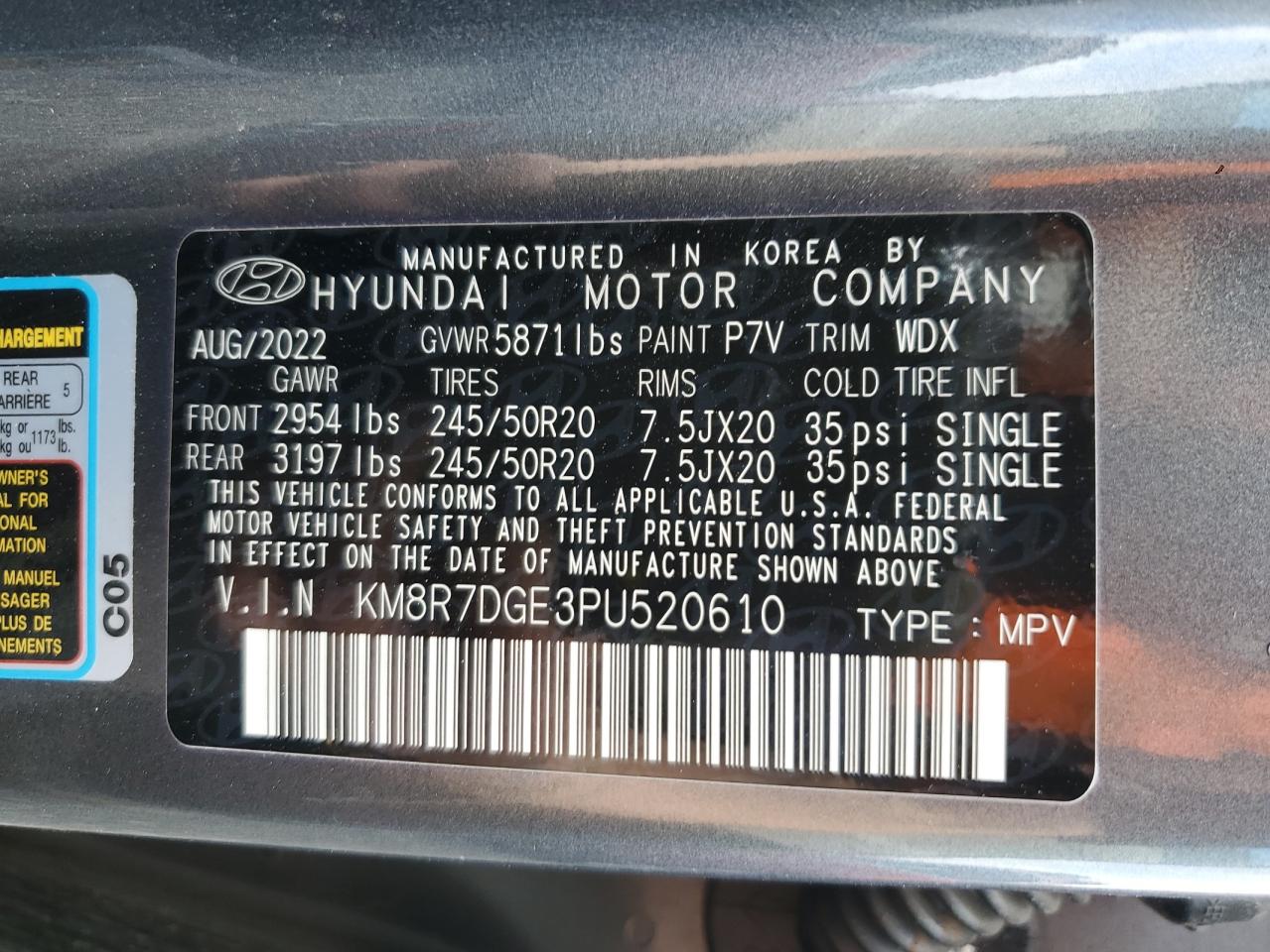 2023 HYUNDAI PALISADE CALLIGRAPHY VIN:KM8R7DGE3PU520610