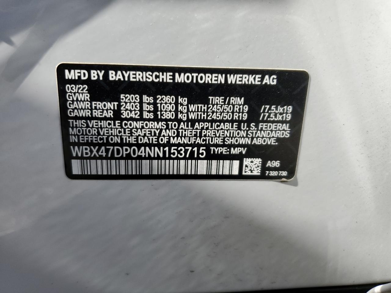 2022 BMW X3 SDRIVE30I VIN:WBX47DP04NN153715