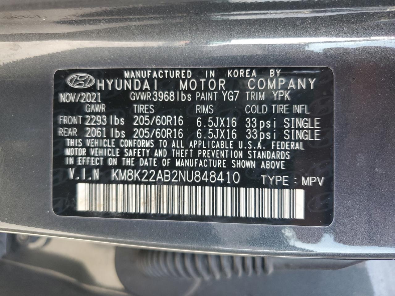 2022 HYUNDAI KONA SEL VIN:KM8K22AB2NU848410