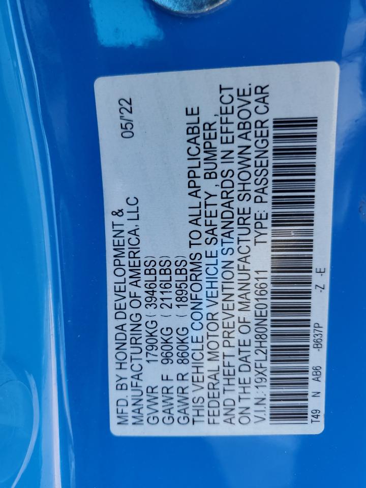 2022 HONDA CIVIC SPORT VIN:19XFL2H80NE016611