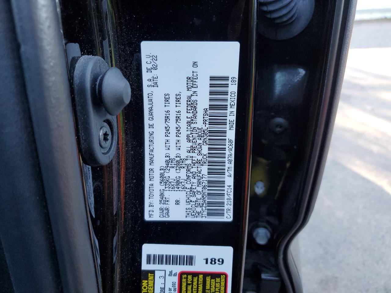 2022 TOYOTA TACOMA DOUBLE CAB VIN:3TYCZ5AN5NT067177