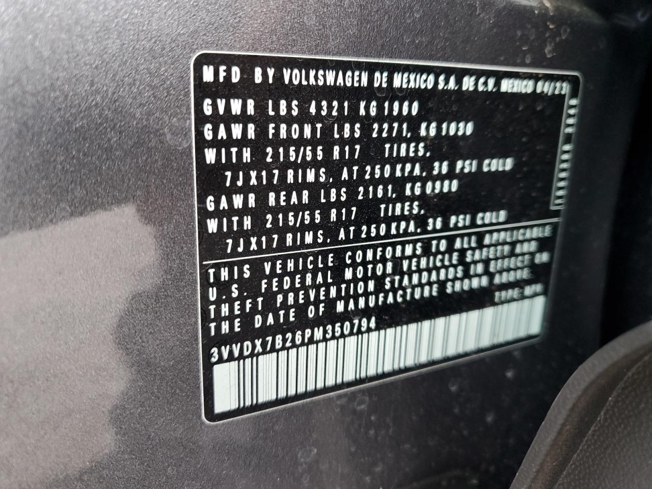 2023 VOLKSWAGEN TAOS S VIN:3VVDX7B26PM350794