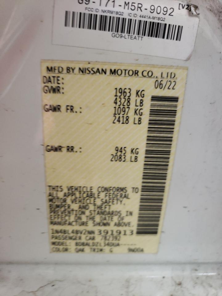 2022 NISSAN ALTIMA S VIN:1N4BL4BV2NN391913