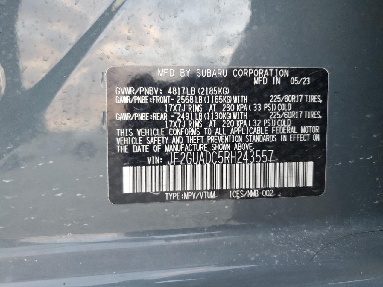 2024 SUBARU CROSSTREK PREMIUM VIN:JF2GUADC5RH243557