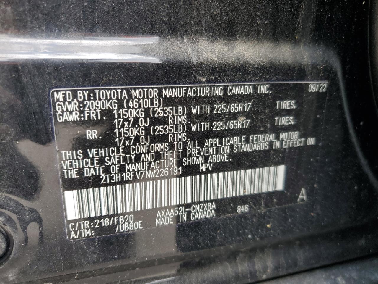 2022 TOYOTA RAV4 LE VIN:WP0AA2A8XNS255297