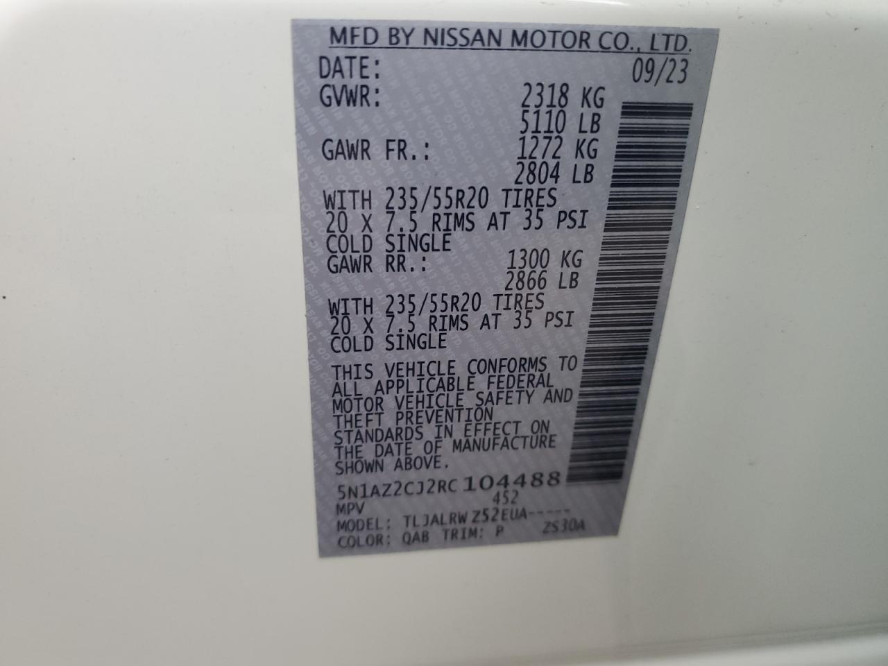 2024 NISSAN MURANO SL VIN:5N1AZ2CJ2RC104488