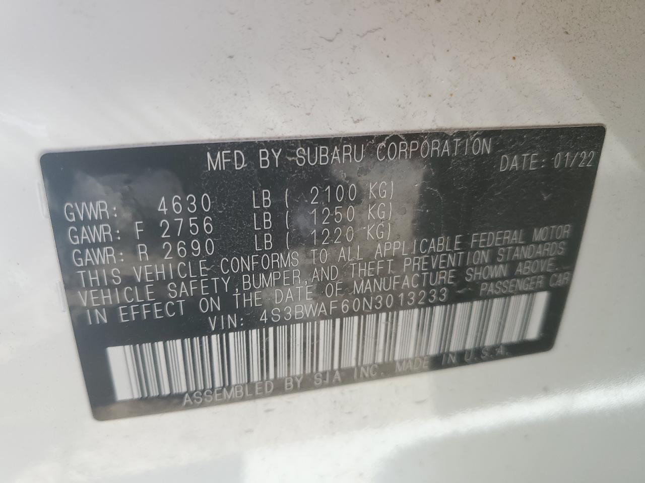 2022 SUBARU LEGACY PREMIUM VIN:4S3BWAF60N3013233