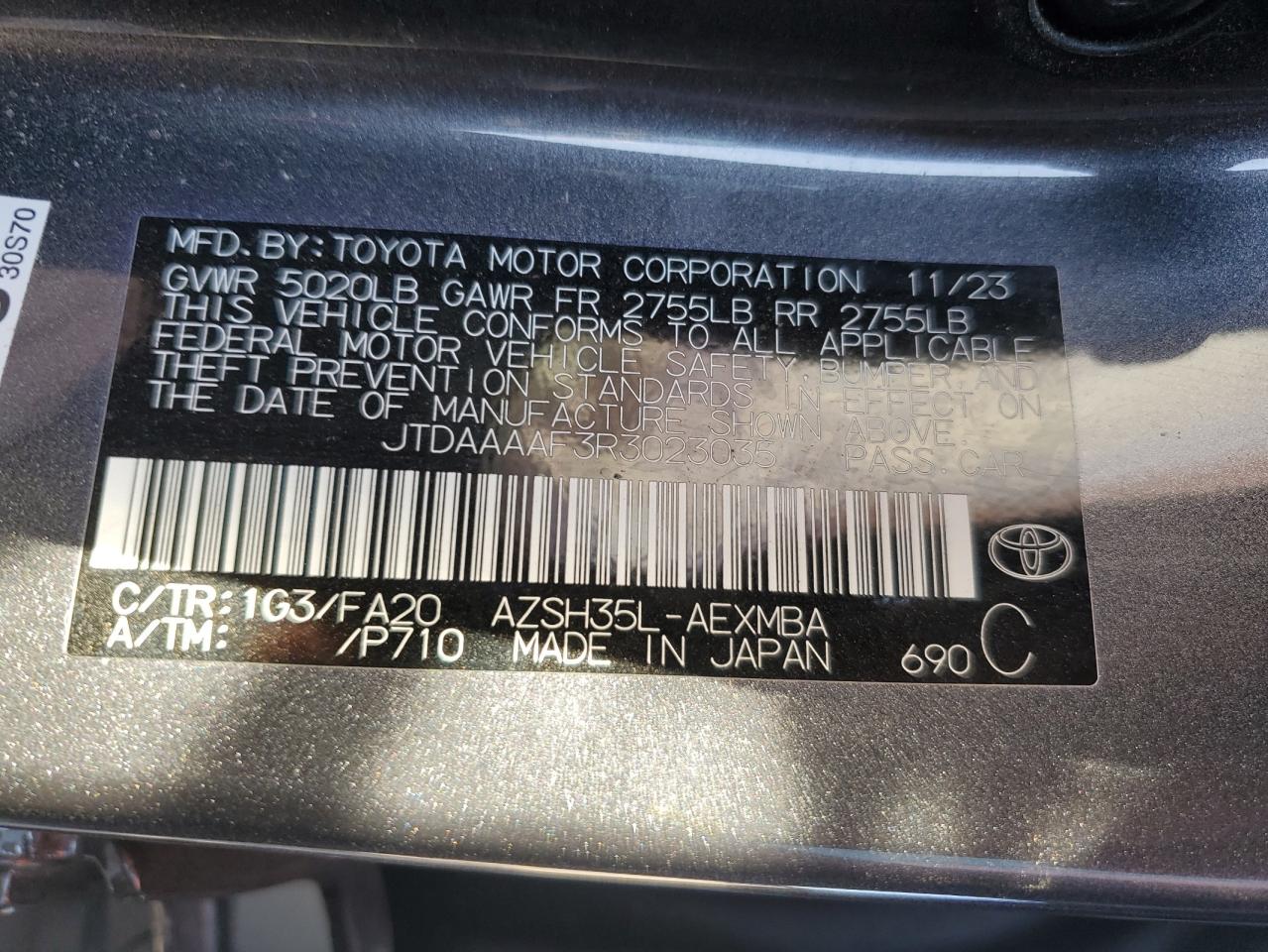 2024 TOYOTA CROWN XLE VIN:JTDAAAAF3R3023035