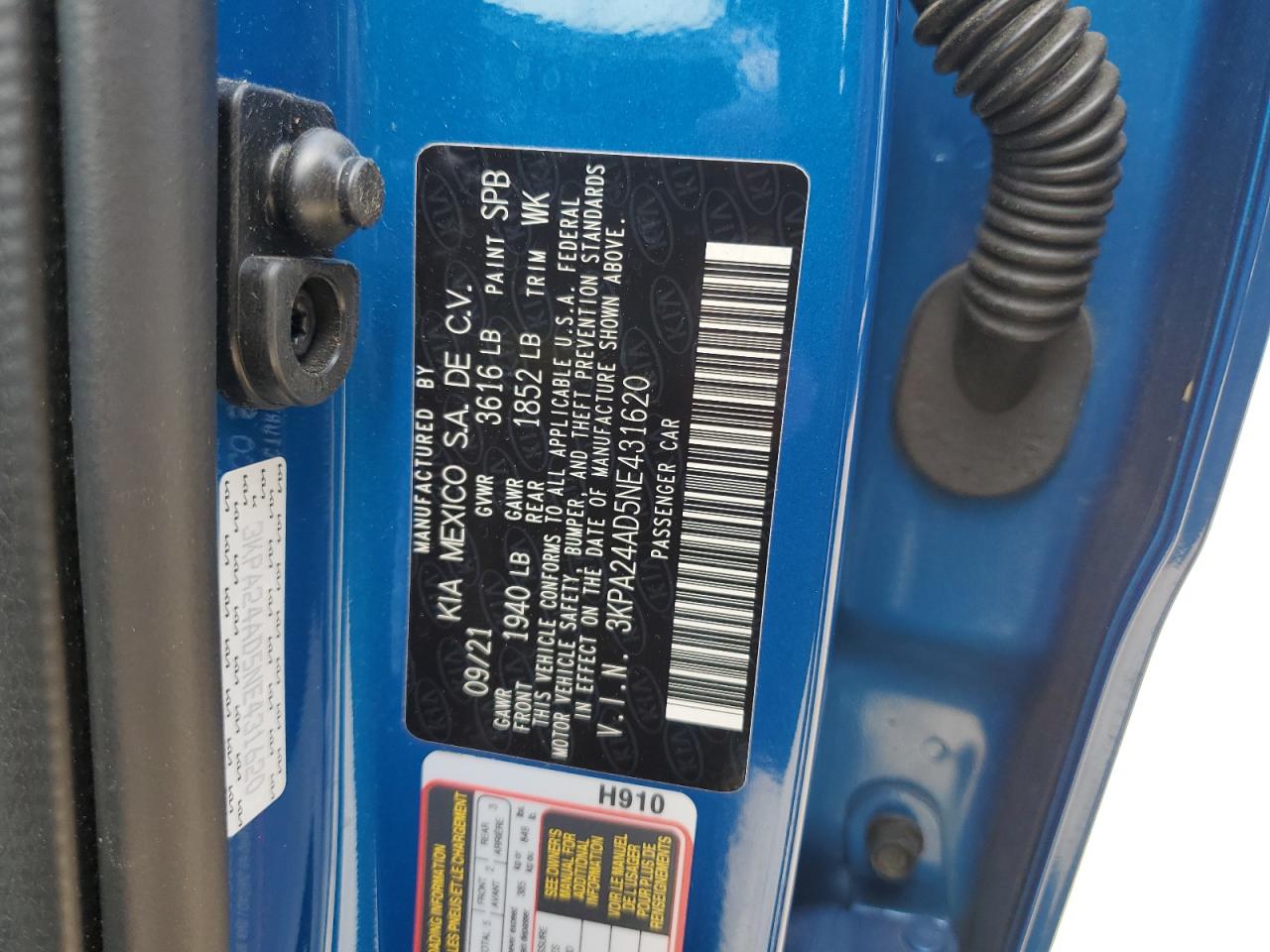 2022 KIA RIO LX VIN:3KPA24AD5NE431620
