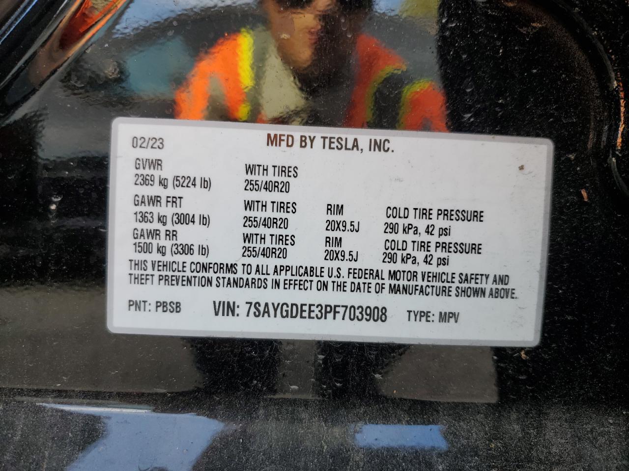 2023 TESLA MODEL Y VIN:7SAYGDEE3PF703908