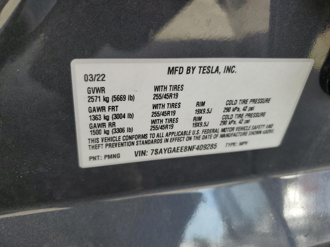 2022 TESLA MODEL Y VIN:7SAYGAEE8NF409285