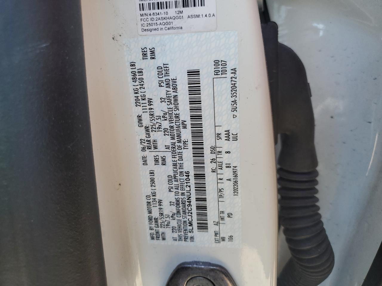 2022 LINCOLN CORSAIR RESERVE VIN:5LMCJ2C94NUL21046