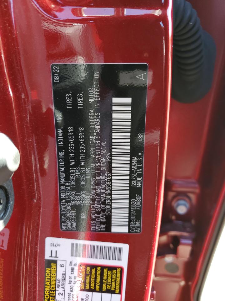 2022 TOYOTA HIGHLANDER XLE VIN:5TDHZRBH1NS587667