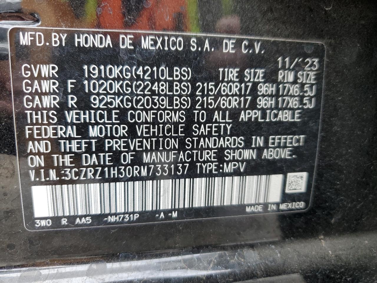 2024 HONDA HR-V LX VIN:3CZRZ1H30RM733137