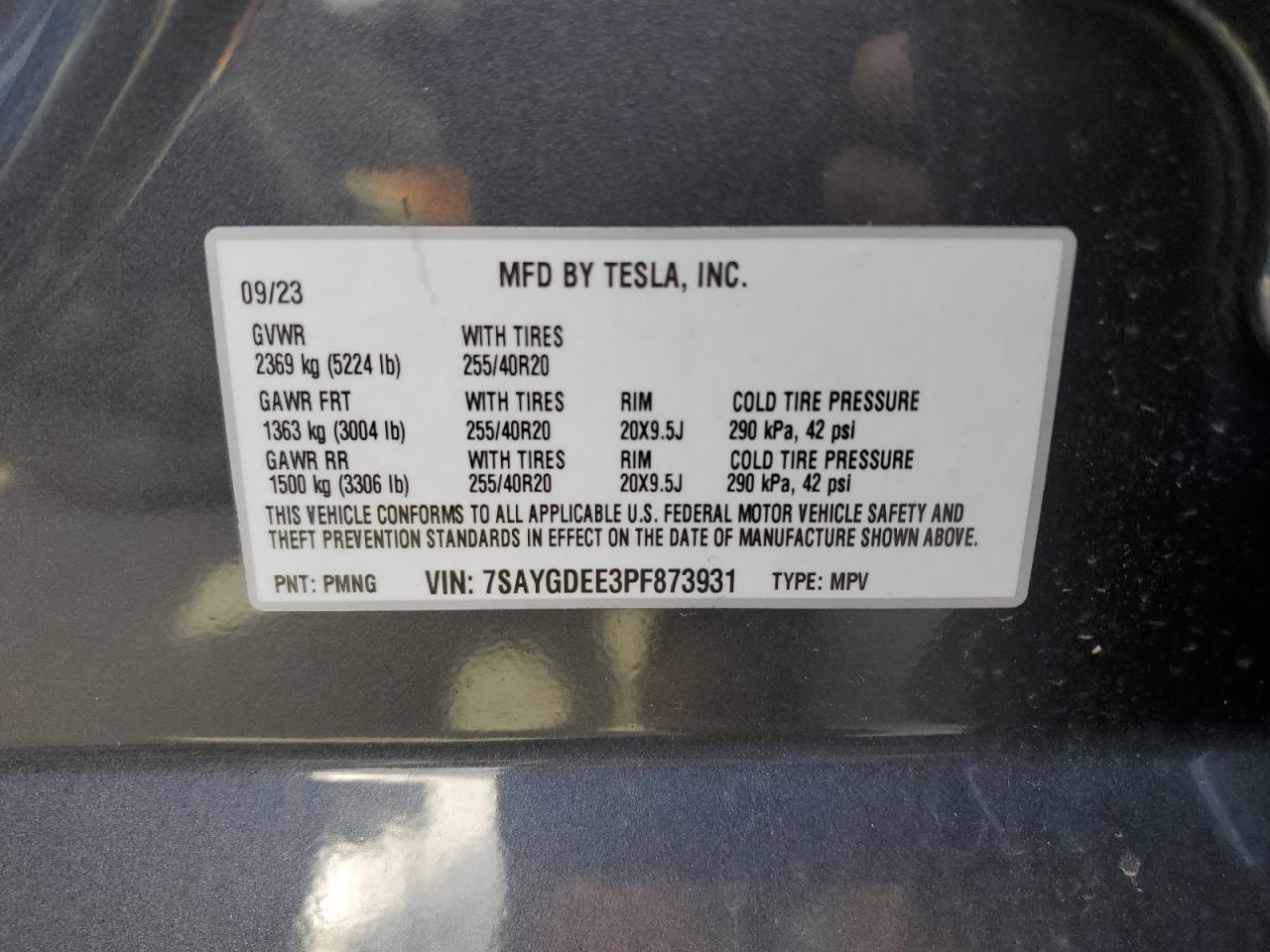 2023 TESLA MODEL Y VIN:7SAYGDEE3PF873931