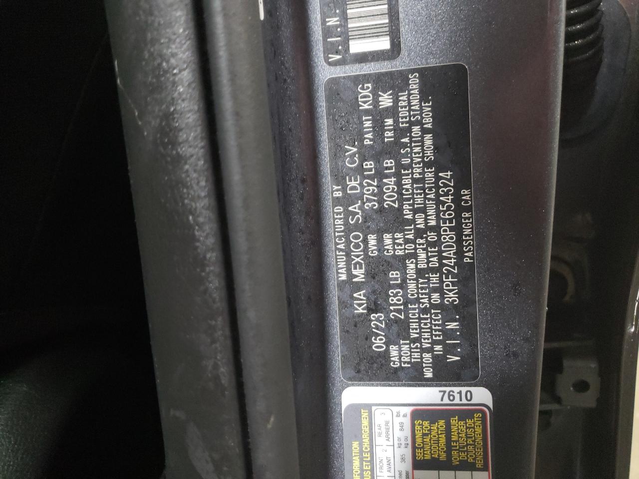 2023 KIA FORTE LX VIN:3KPF24AD8PE654324