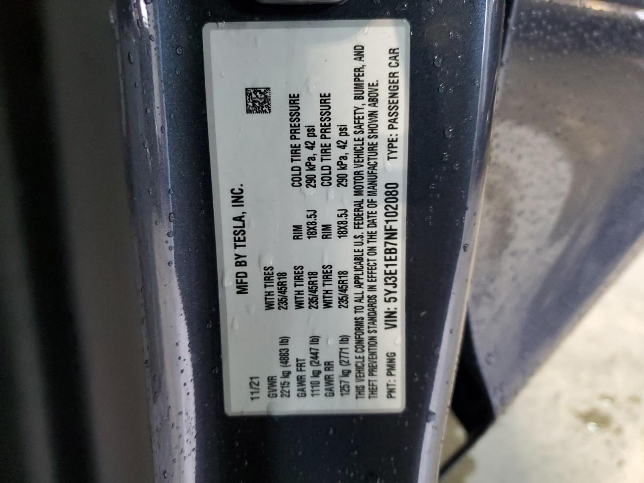 2022 TESLA MODEL 3 VIN:5YJ3E1EB7NF102080