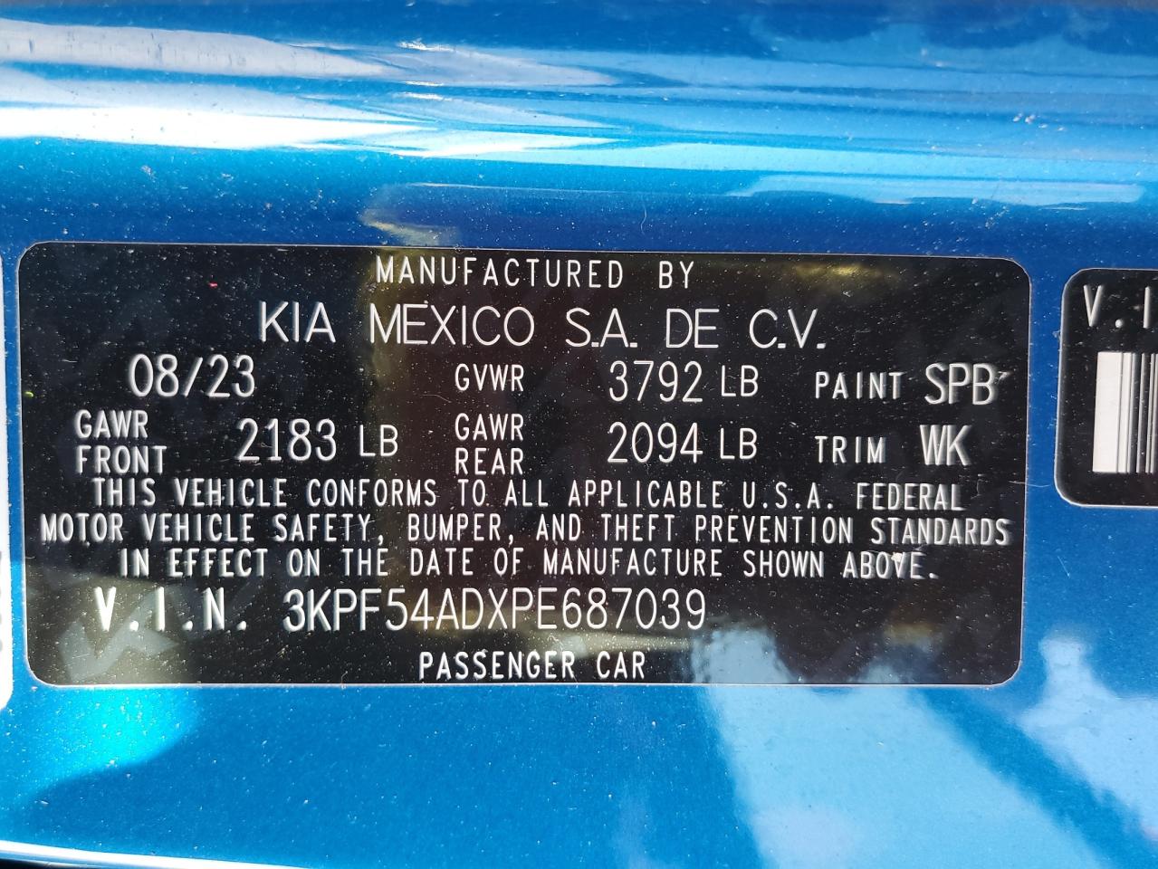 2023 KIA FORTE GT LINE VIN:3KPF54ADXPE687039
