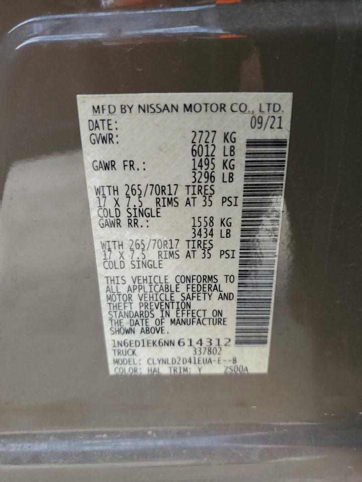 2022 NISSAN FRONTIER S VIN:1N6ED1EK6NN614312