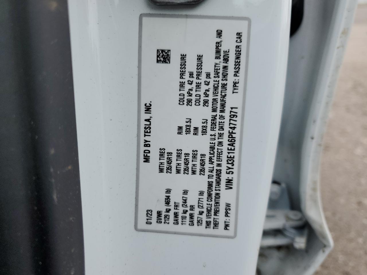 2023 TESLA MODEL 3 VIN:5YJ3E1EA6PF477971