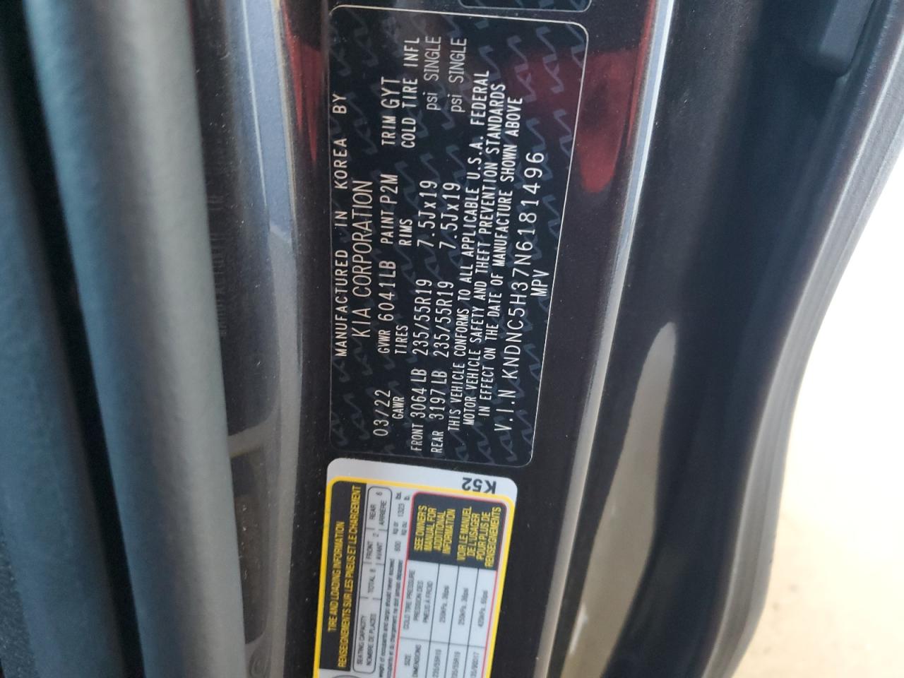 2022 KIA CARNIVAL EX VIN:KNDNC5H37N6181496