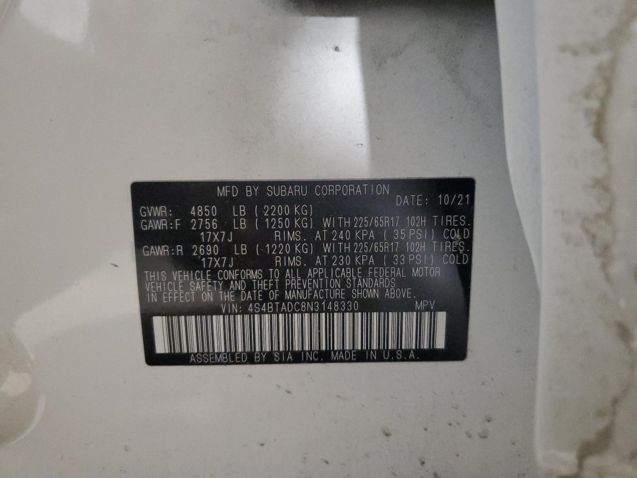 2022 SUBARU OUTBACK PREMIUM VIN:4S4BTADC8N3148330