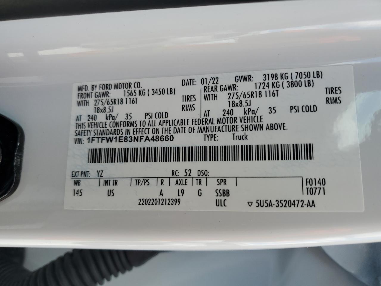 2022 FORD F150 SUPERCREW VIN:1FTFW1E83NFA48660