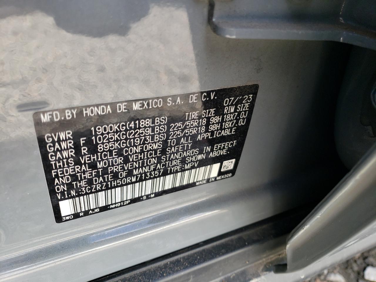 2024 HONDA HR-V SPORT VIN:3CZRZ1H50RM713357