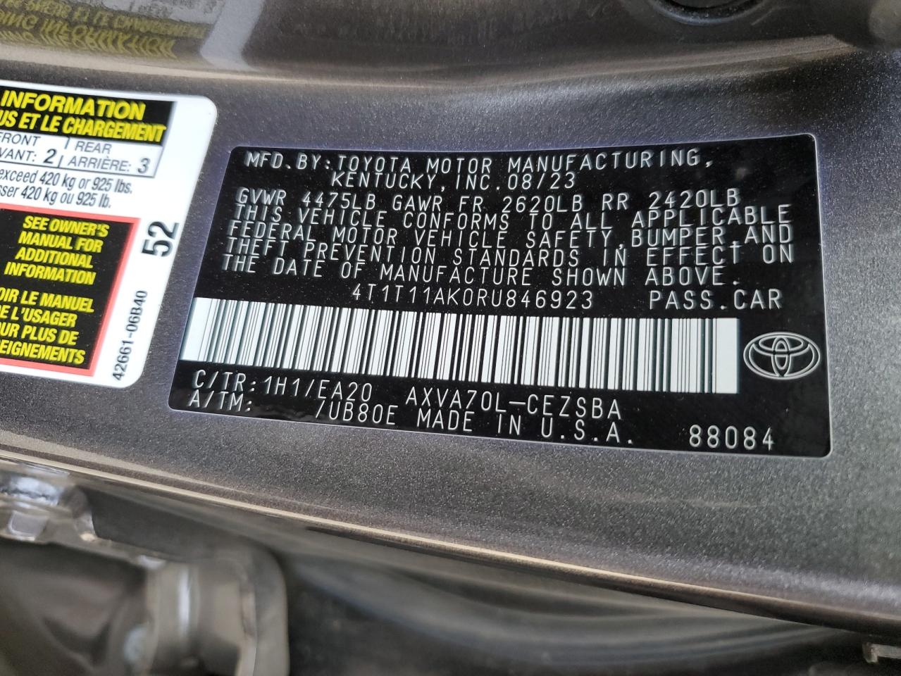 2024 TOYOTA CAMRY SE NIGHT SHADE VIN:4T1T11AK0RU846923