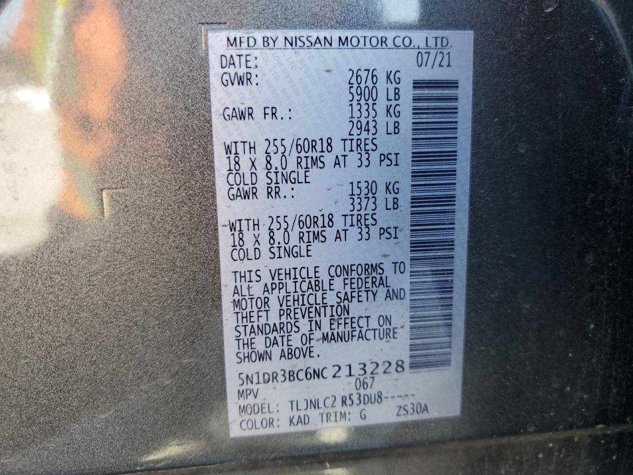 2022 NISSAN PATHFINDER SV VIN:5N1DR3BC6NC213228