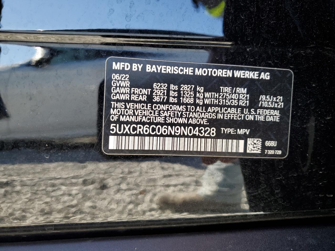 2022 BMW X5 XDRIVE40I VIN:5UXCR6C06N9N04328