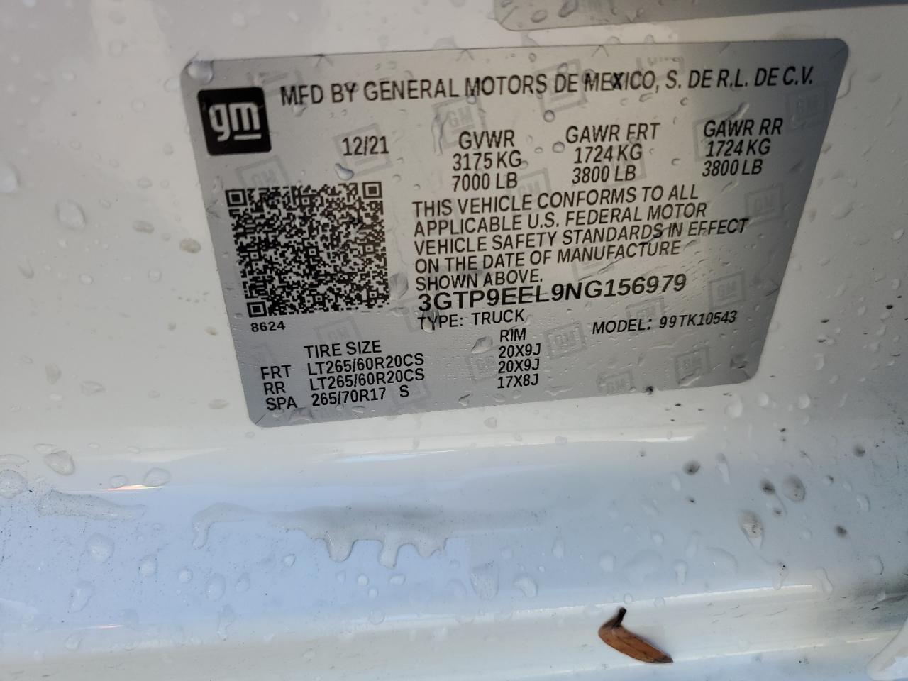2022 GMC SIERRA LIMITED K1500 AT4 VIN:3GTP9EEL9NG156979