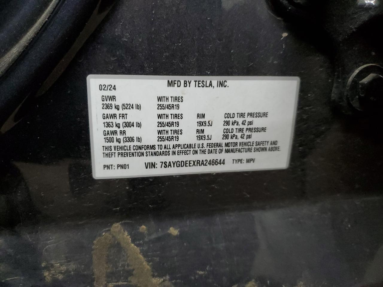 2024 TESLA MODEL Y VIN:7SAYGDEEXRA246644