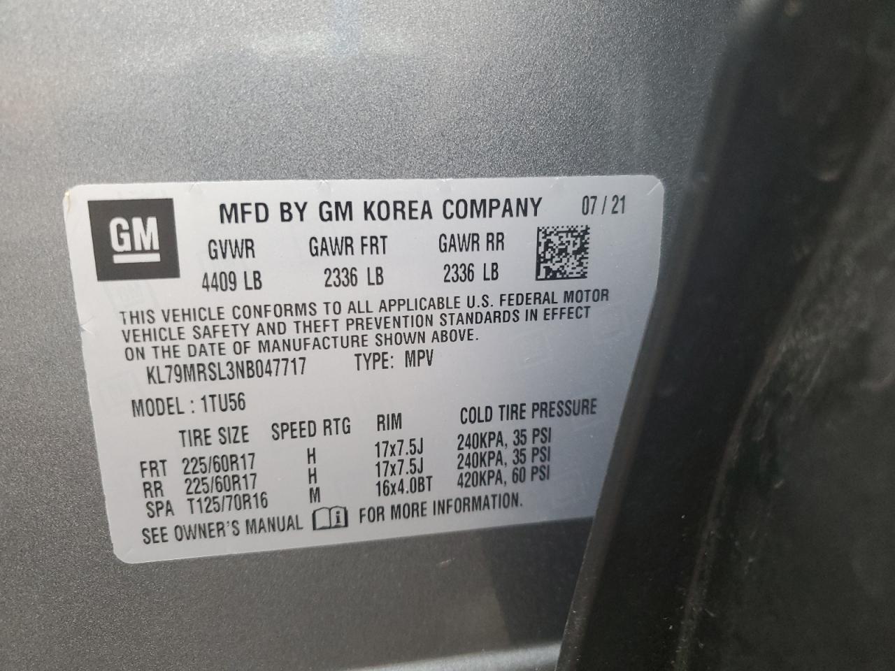 2022 CHEVROLET TRAILBLAZER LT VIN:KL79MRSL3NB047717