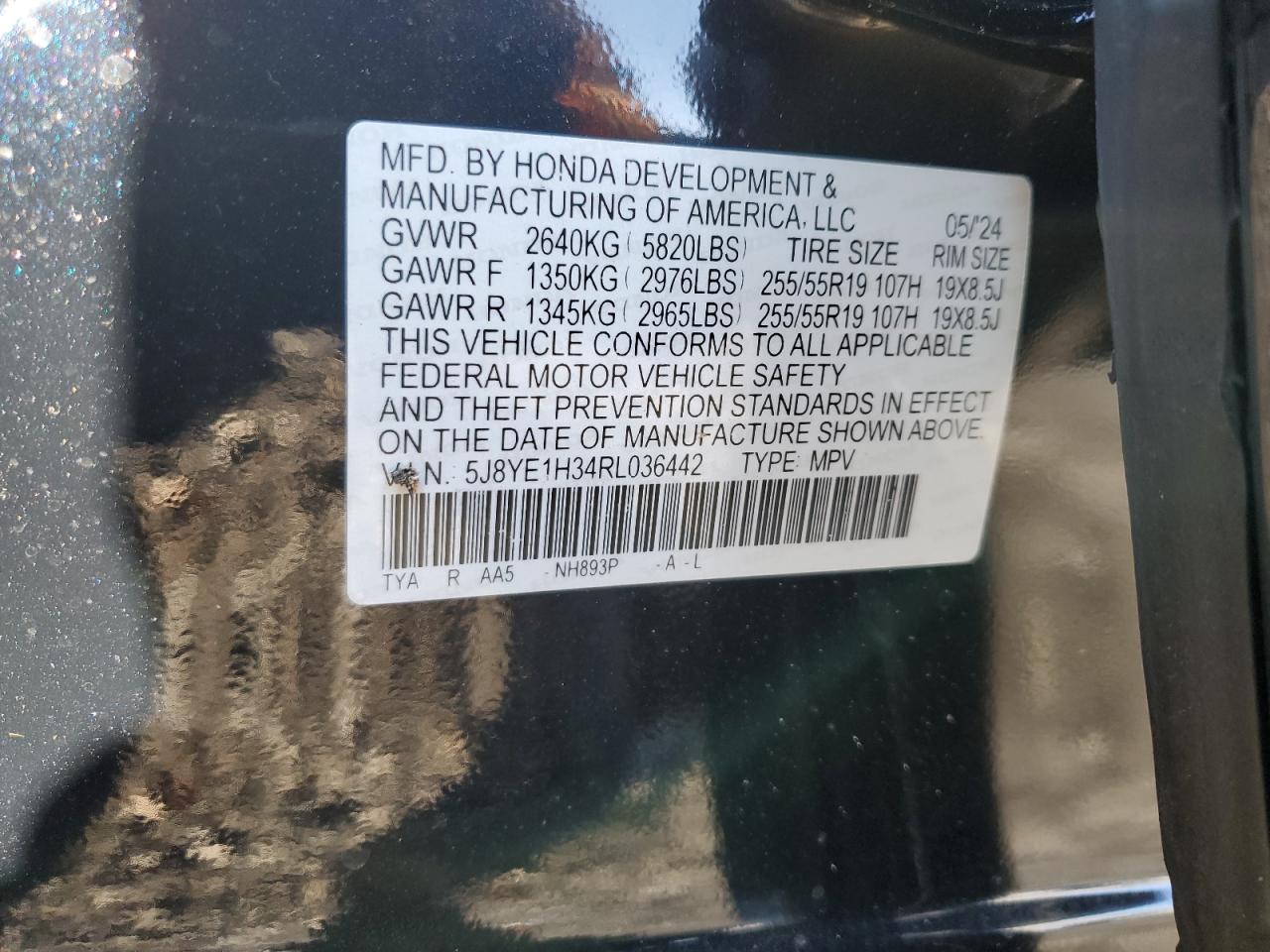 2024 ACURA MDX VIN:5J8YE1H34RL036442