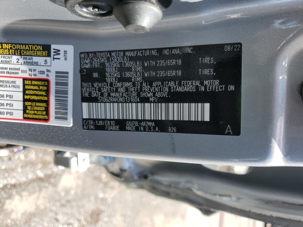 2022 TOYOTA HIGHLANDER XLE VIN:5TDGZRAH3NS131604