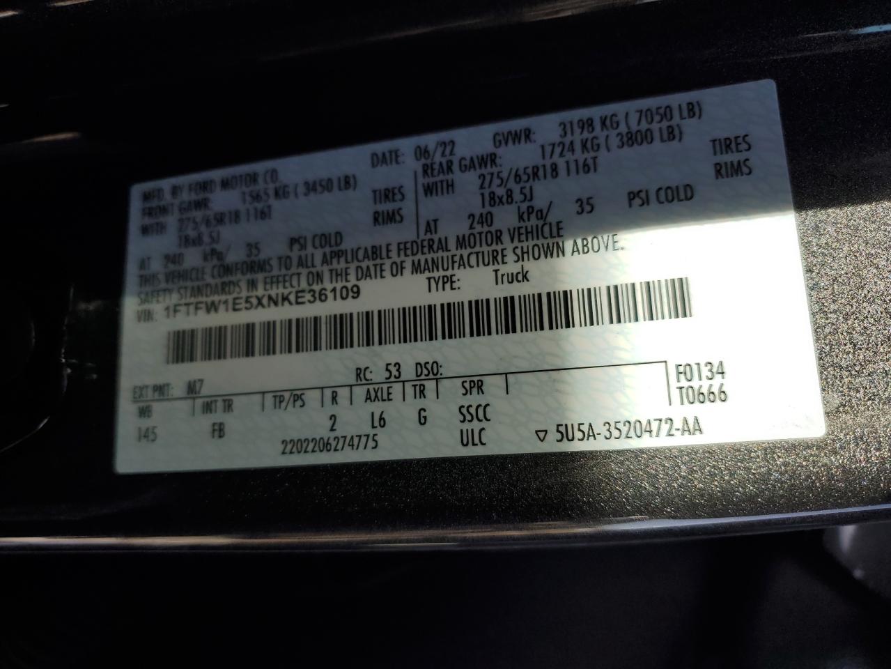 2022 FORD F150 SUPERCREW VIN:1FTFW1E5XNKE36109