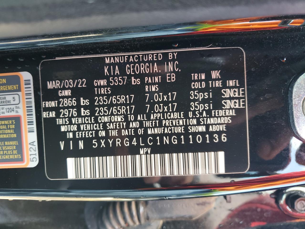 2022 KIA SORENTO LX VIN:5XYRG4LC1NG110136
